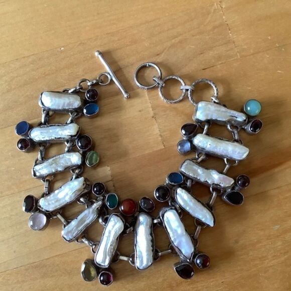 Sterling SILVER 925 MOTHER OF PEARL/MULTICOLOR GEMSTONE GORGEOUS BRACELE… - Picture 6 of 8